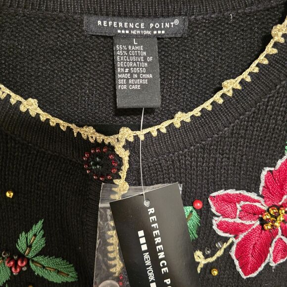 Christmas Sweater Cardigan Large Women Vintage 90s Embroidered Beaded Poinsettia - Picture 6 of 7
